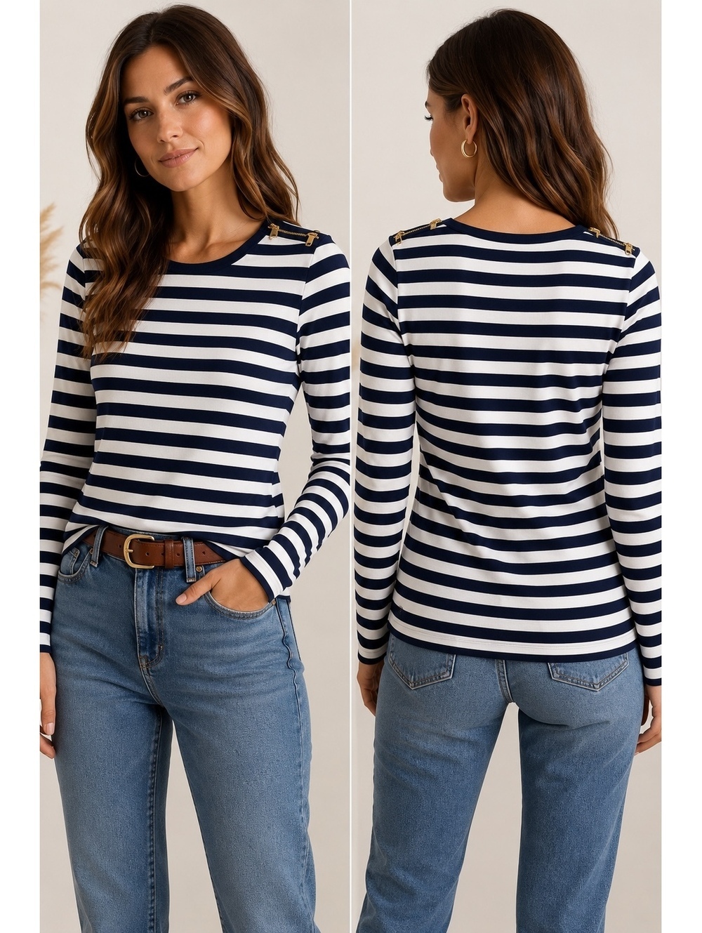 Lauren Ralph Lauren Striped Rib Knit Top Gold Zip Shoulders Navy White Women’s L